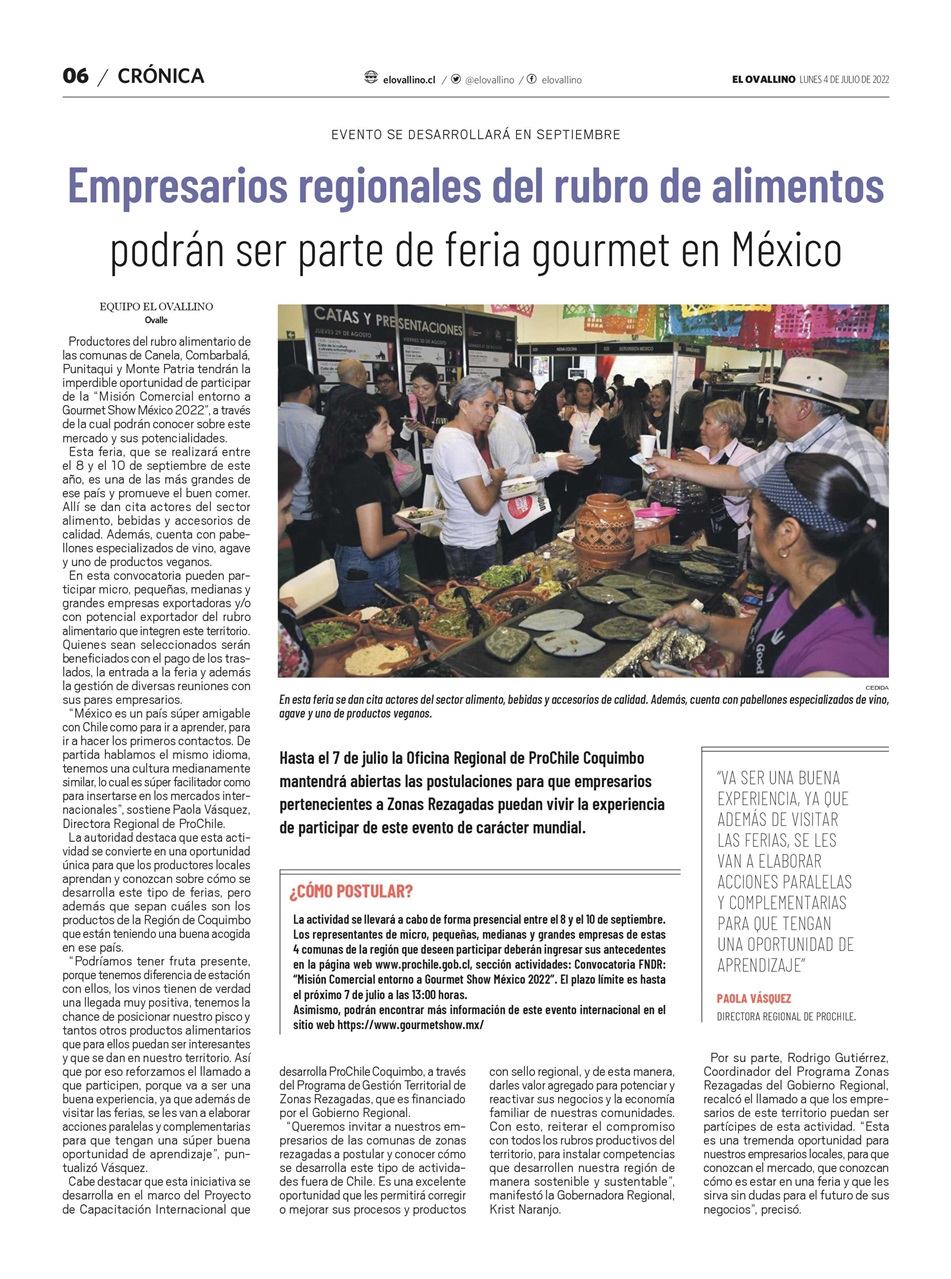 Destacado en prensa: "Empresarios regionales del rubro de alimentos podrán ser parte de feria gourmet en México"