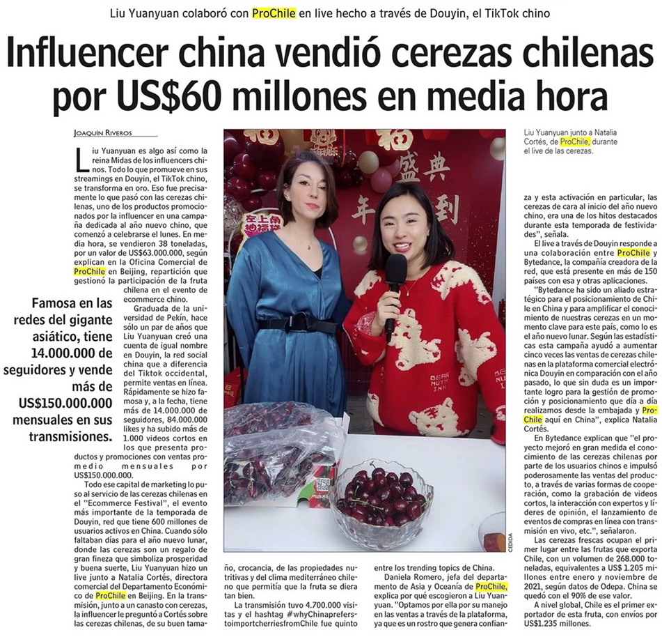 Destacado en prensa: Influencer china vendió 38 toneladas de cerezas chilenas en media hora