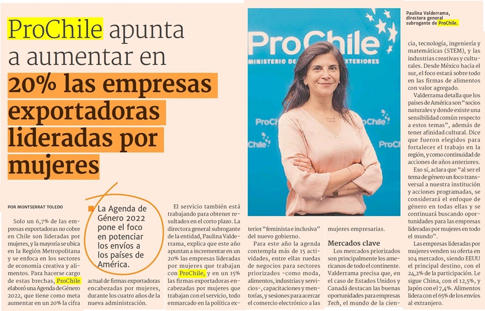 Destacado en prensa: "ProChile apunta a aumentar en 20% las empresas exportadoras lideradas por mujeres"