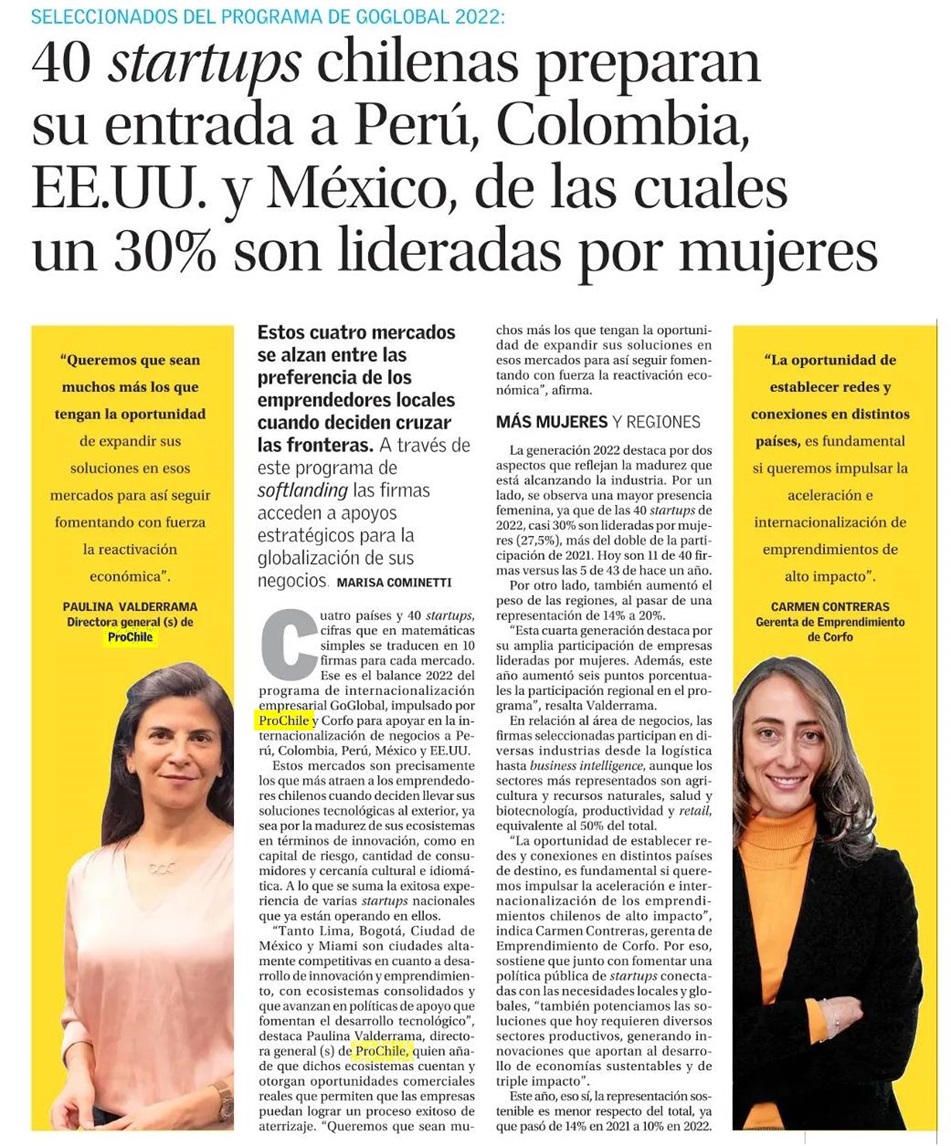 Destacado en prensa: "40 startups chilenas preparan su entrada a Perú, Colombia, EE.UU. Y México, de las cuales un 30% son lideradas por mujeres"