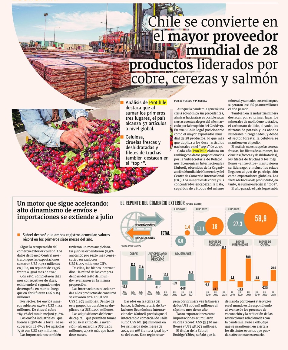 Destacado en Prensa: Chile se convierte en el mayor proveedor mundial de 28 productos liderados por cobre, cerezas y salmón