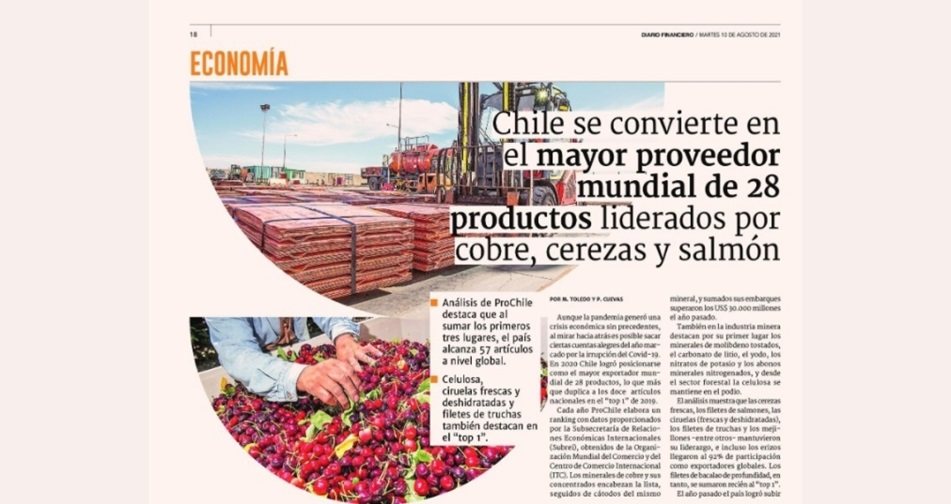 Destacado en Prensa: Chile se convierte en el mayor proveedor mundial de 28 productos liderados por cobre, cerezas y salmón