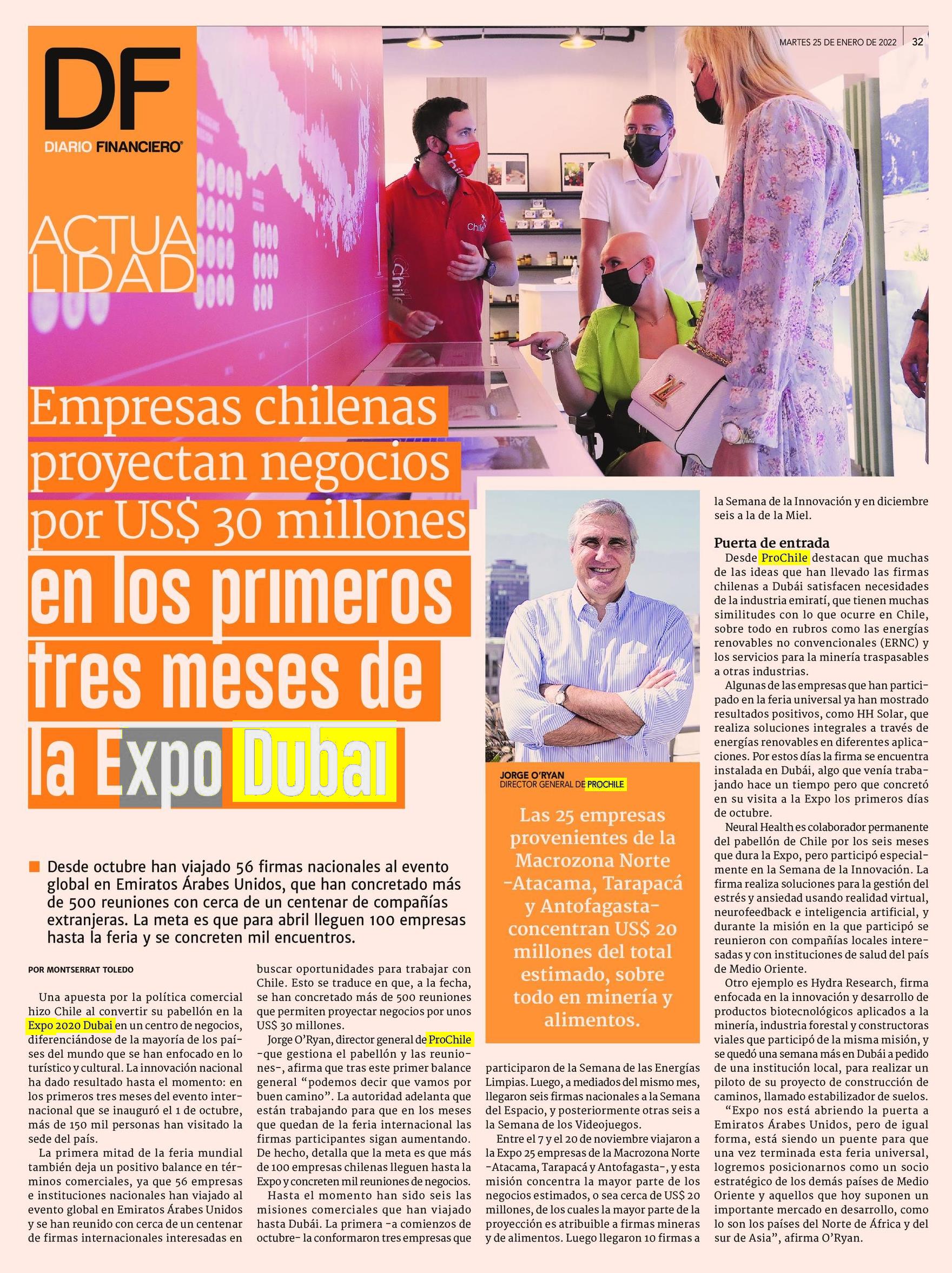 Destacado en Prensa: Empresas chilenas proyectan negocios por US$ 30 millones en los primeros tres meses de la Expo Dubai