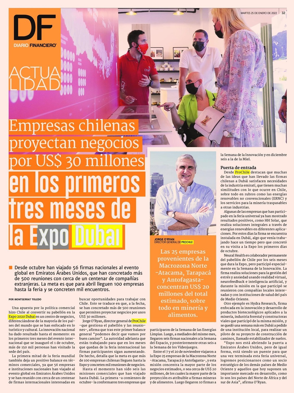 Destacado en Prensa: Empresas chilenas proyectan negocios por US$ 30 millones en los primeros tres meses de la Expo Dubai