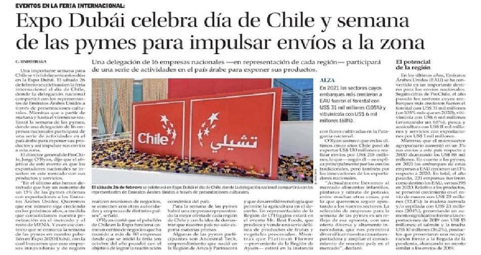 Destacado en prensa: Expo Dubai celebra día de Chile y semana de las pymes para impulsar envíos a la zona