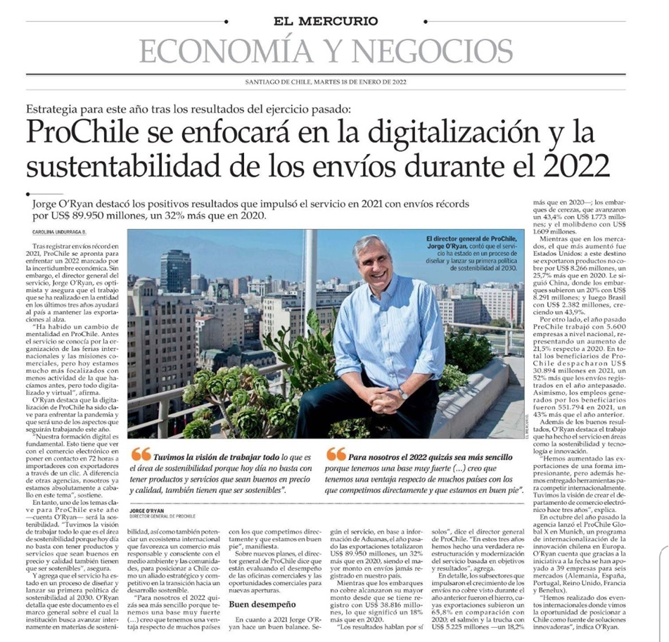 Destacado en Prensa: ProChile se enfocará en la digitalización y la sustentabilidad de los envíos durante 2022