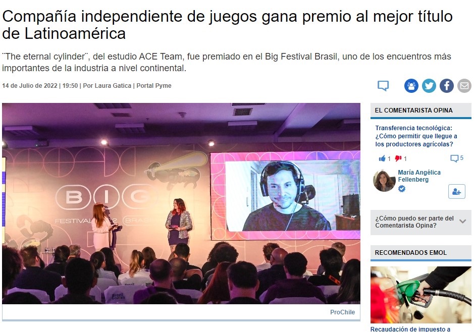 Destacado en la web: "Compañía independiente de juegos gana premio al mejor título de Latinoamérica"