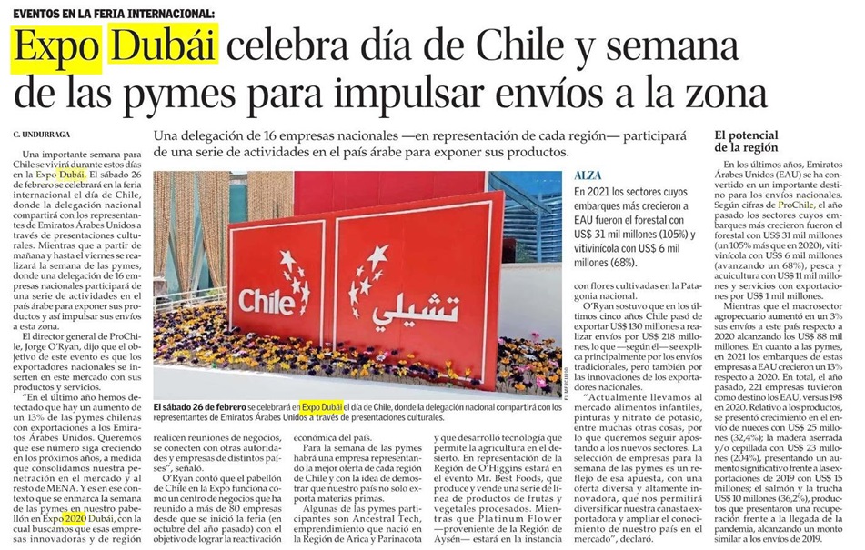 Destacado en prensa: Expo Dubai celebra día de Chile y semana de las pymes para impulsar envíos a la zona