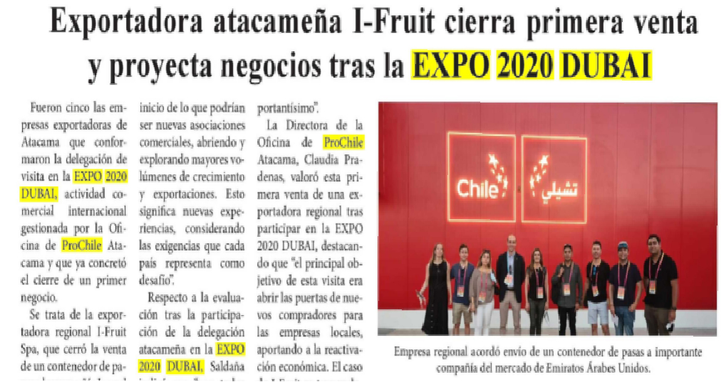Destacado de prensa: Exportadora atacameña I-Fruit cierra primera venta y proyecta negocios tras la EXPO 2020 DUBAI