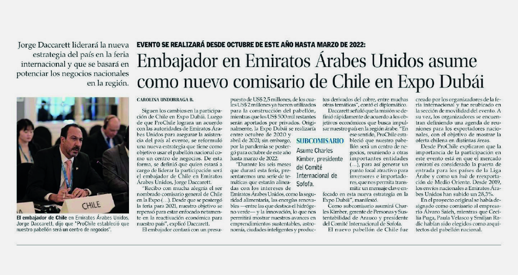 Destacado en Prensa: Embajador en Emiratos Árabes Unidos asume como nuevo comisario de Chile en Expo Dubai