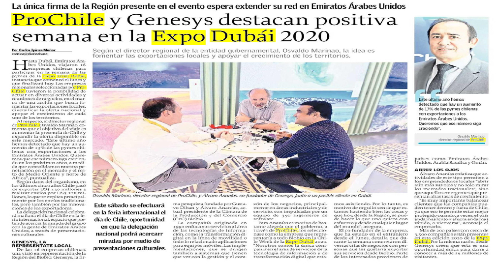 Destacado en prensa: ProChile y Genesys destacan positiva semana en la Expo Dubai 2020