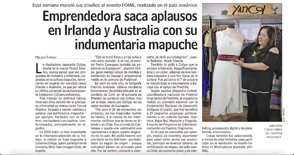 Destacado en prensa: Emprendedora saca aplausos en Irlanda y Australia con su indumentaria Mapuche