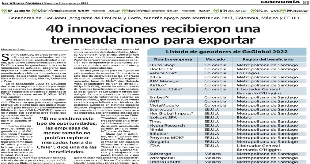 Destacado en prensa: "40 innovaciones recibieron una tremenda mano para exportar"