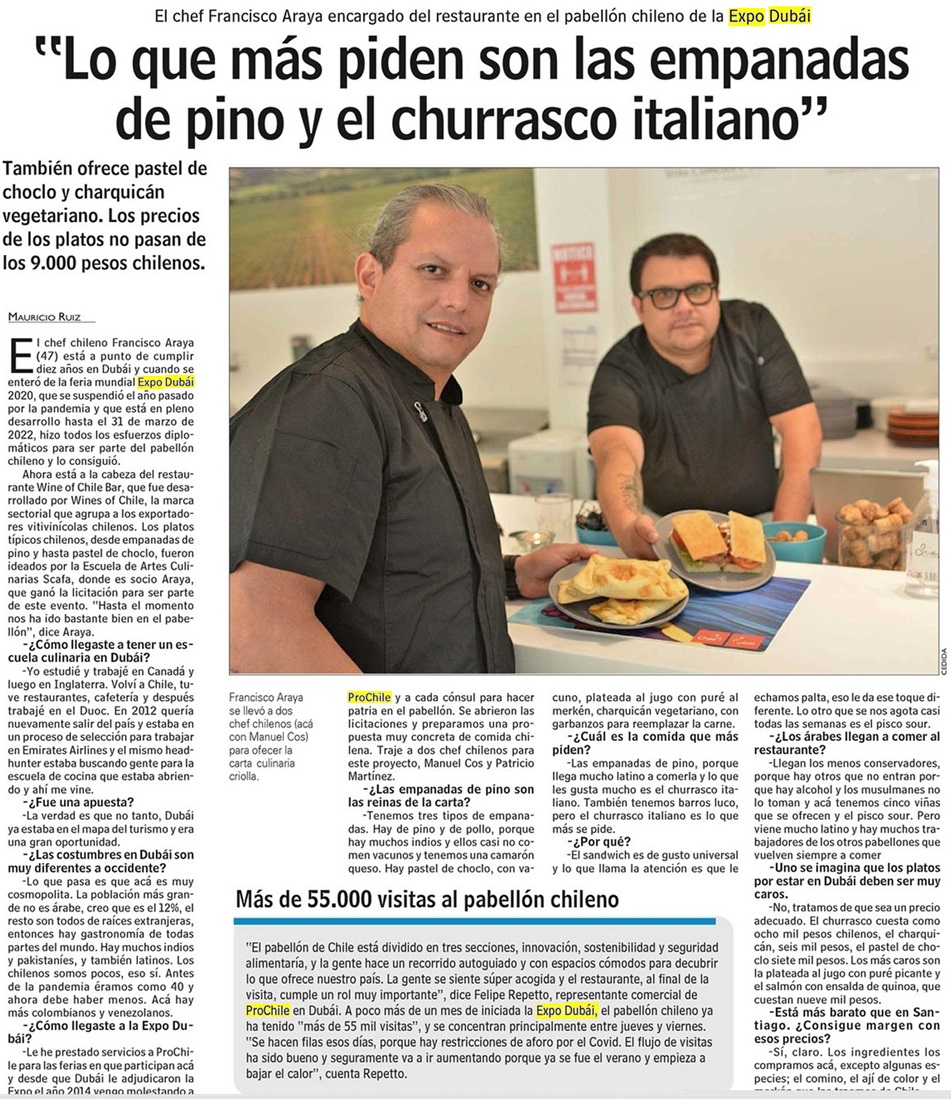 Destacado de prensa: El Chef del restaurante del pabellón de chileno en la Expo 2020 Dubai " Lo que más piden son las empanadas de pino y el churrasco italiano"