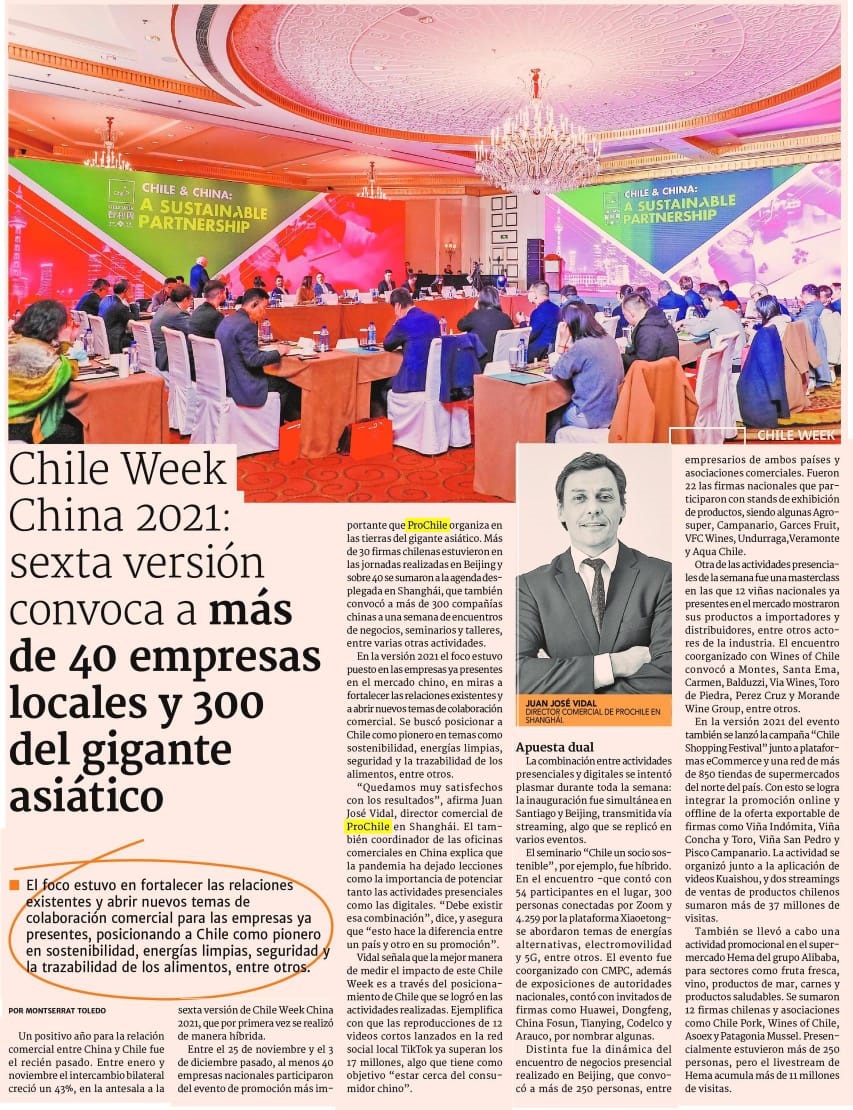 Destacado en Prensa: CHILE WEEK CHINA 2021: Sexta versión convoca a más de 40 empresas locales y 300 del gigante asiático