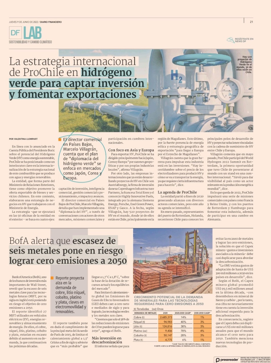 Destacado en prensa: "La estrategia internacional de ProChile en hidrógeno verde para captar inversión y fomentar exportaciones"
