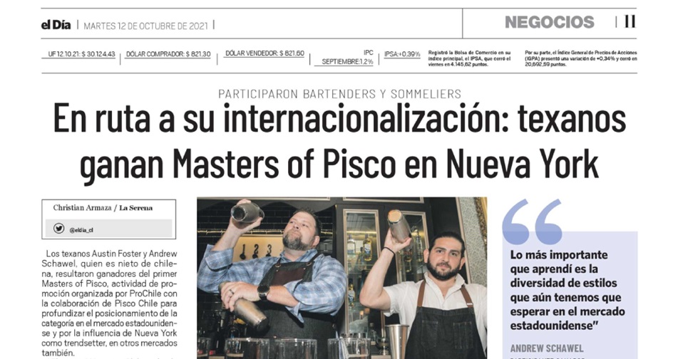 Destacado en prensa: texanos ganan Masters of Pisco en Nueva York
