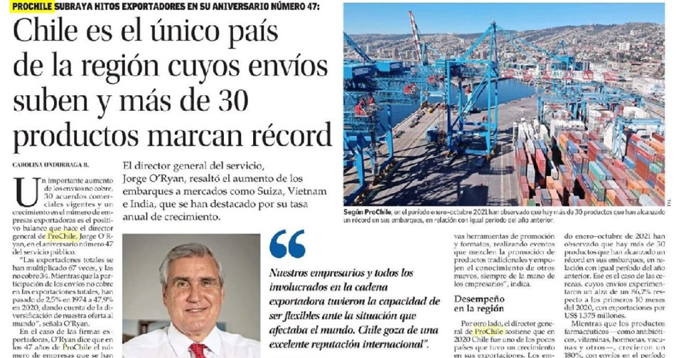 Destacado de prensa: Chile es el único país de la región cuyos envíos suben y más de 30 productos marcan récord