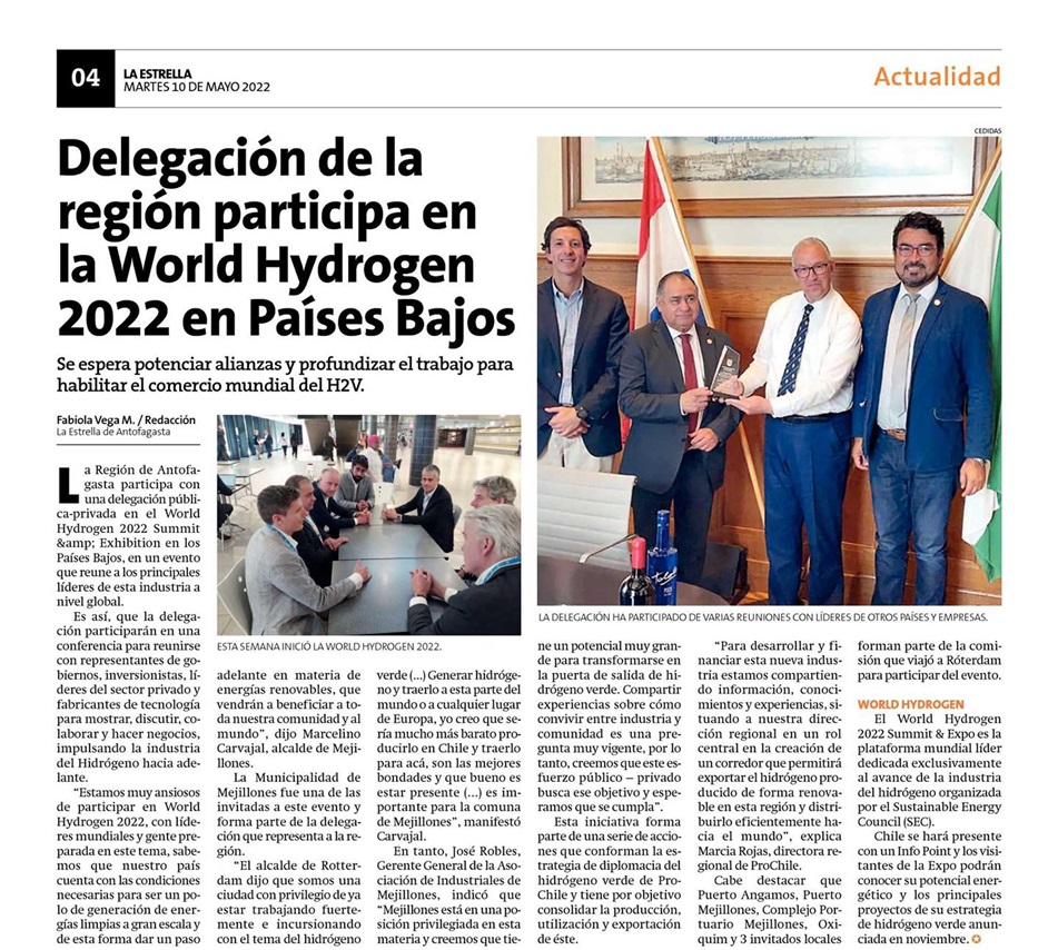 Destacado en prensa: "Delegación de la región participa en la World Hydrogen 2022 en Países Bajos"